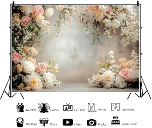 12x8ft Vinyl Flowers Wall Photography Backdrop Vinatage Wall White Pink Floral European Style Background Outdoor, alternate