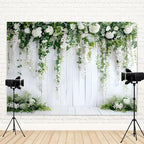 12x8ft White Flower Backdrop Green Leaves Wedding Bridal Shower Photography Background Floral Rustic Wood Wall, alternate