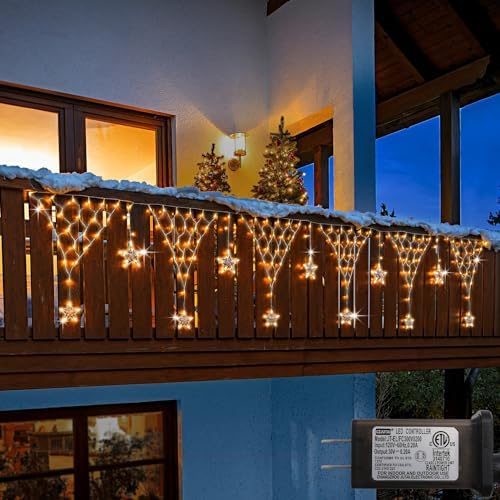 13.1x1.9Ft Christmas Net Lights 196 LED Star Net Mesh Triangle Timer Light in 13.1x1.9Ft