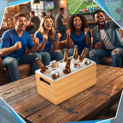 13.38 x 7.28 Inch Large Bamboo Ice Bin with Removable Steel Frame and Handle Ice Storage Tray Bucket Chilled, alternate view