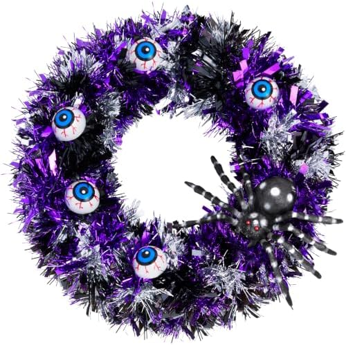 13.5" Halloween Eyeball Wreath Decoration with Spider Tinsel, Spooky Eyeball and Spider Wreath for Front Door