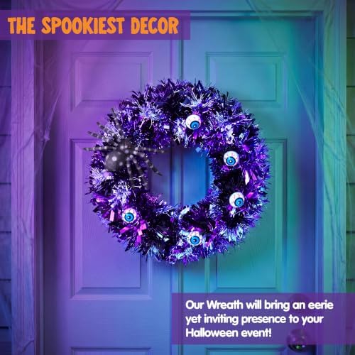 13.5" Halloween Eyeball Wreath Decoration with Spider Tinsel, Spooky Eyeball and Spider Wreath for Front Door, alternate view