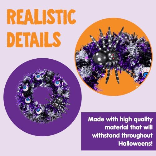 13.5" Halloween Eyeball Wreath Decoration with Spider Tinsel, Spooky Eyeball and Spider Wreath for Front Door, alternate view