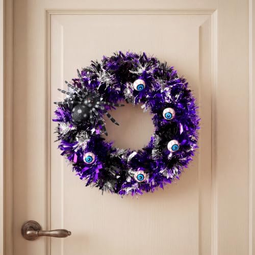 13.5" Halloween Eyeball Wreath Decoration with Spider Tinsel, Spooky Eyeball and Spider Wreath for Front Door, alternate view