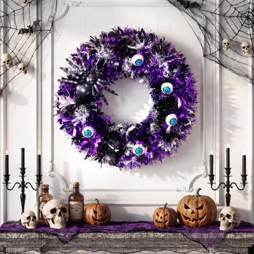 13.5" Halloween Eyeball Wreath Decoration with Spider Tinsel, Spooky Eyeball and Spider Wreath for Front Door, alternate view