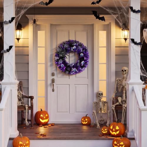 13.5" Halloween Eyeball Wreath Decoration with Spider Tinsel, Spooky Eyeball and Spider Wreath for Front Door, alternate view