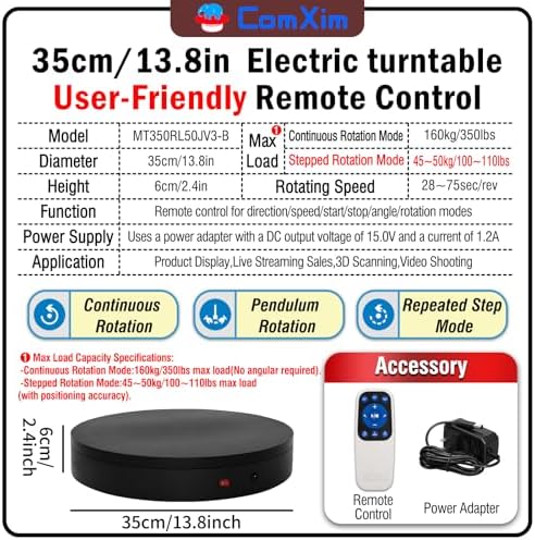 13.8Inch/35cm Remote 360 Rotating Platform,400lbs Capacity Electric Motorized Turntables, Motorized Rotating, alternate view