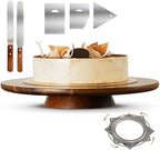13" Acacia Cake Stand Rotating with 2 Icing Spatulas, 3 Smoothers in Acacia Wood