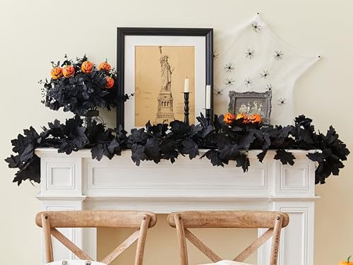 13 FT Black Garland Halloween 2pcs Artificial Black Maple Leaf Garlands Fall Leaves Vines for Autumn Thankgiving, alternate