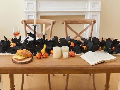 13 FT Black Garland Halloween 2pcs Artificial Black Maple Leaf Garlands Fall Leaves Vines for Autumn Thankgiving, alternate