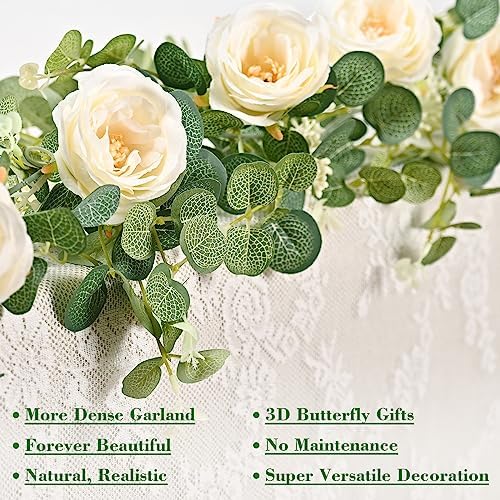 13 Ft Champagne Flower Garland with Butterfly, Fake Eucalyptus Rose Vine in Champagne Camellia, alternate view 2
