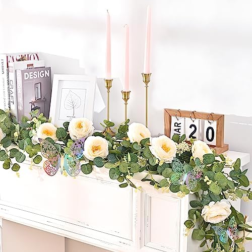 13 Ft Champagne Flower Garland with Butterfly, Fake Eucalyptus Rose Vine in Champagne Camellia, alternate view 3