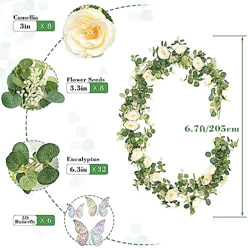 13 Ft Champagne Flower Garland with Butterfly, Fake Eucalyptus Rose Vine in Champagne Camellia, alternate view 5