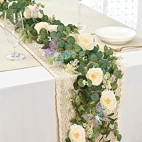 13 Ft Champagne Flower Garland with Butterfly, Fake Eucalyptus Rose Vine in Champagne Camellia, alternate view 7