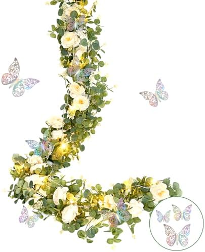13 Ft Champagne Fuller Flower Garland with Light Butterfly, Fake Rose Vine, alternate view 6