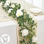 13 Ft White Flower Garland with Butterfly, Artificial Eucalyptus Rose Vine in White