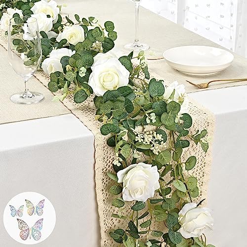 13 Ft White Flower Garland with Butterfly, Artificial Eucalyptus Rose Vine in White