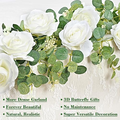 13 Ft White Flower Garland with Butterfly, Artificial Eucalyptus Rose Vine in White, alternate view 2