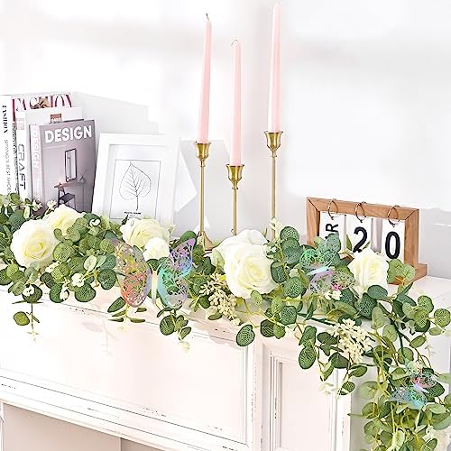 13 Ft White Flower Garland with Butterfly, Artificial Eucalyptus Rose Vine in White, alternate view 3