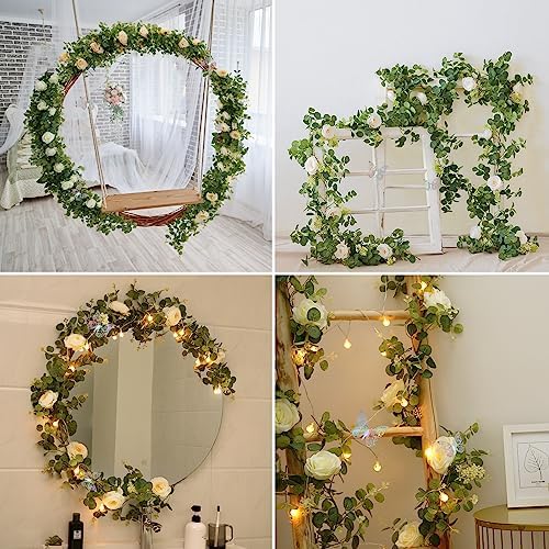 13 Ft White Flower Garland with Butterfly, Artificial Eucalyptus Rose Vine in White, alternate view 4