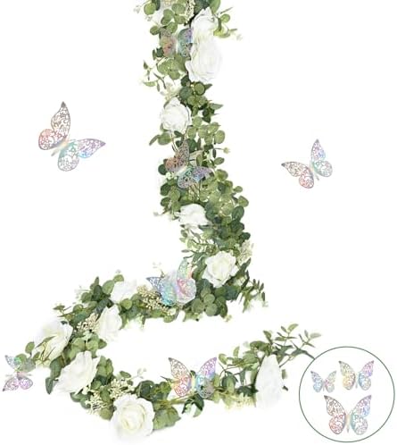 13 Ft White Flower Garland with Butterfly, Artificial Eucalyptus Rose Vine in White, alternate view 7
