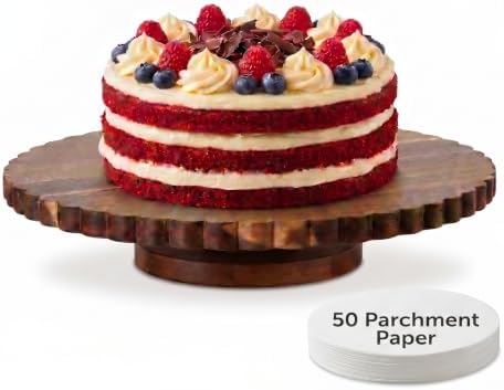 13 Inch Acacia Wood Cake Stand with Lazy Susan - Rotating Cake Turntable for Decorating, Scalloped Wooden Cake