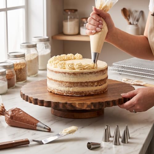 13 Inch Acacia Wood Cake Stand with Lazy Susan - Rotating Cake Turntable for Decorating, Scalloped Wooden Cake, alternate