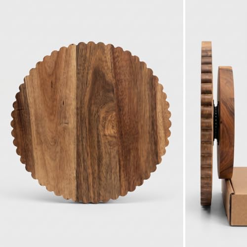 13 Inch Acacia Wood Cake Stand with Lazy Susan - Rotating Cake Turntable for Decorating, Scalloped Wooden Cake, alternate