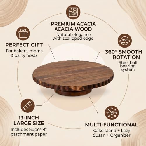 13 Inch Acacia Wood Cake Stand with Lazy Susan - Rotating Cake Turntable for Decorating, Scalloped Wooden Cake, alternate