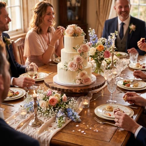 13 Inch Acacia Wood Cake Stand with Lazy Susan - Rotating Cake Turntable for Decorating, Scalloped Wooden Cake, alternate
