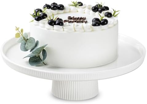 13 Inch Ceramic Cake Stand with Pedestal - White Round Cake Plate for Dessert Table Display, Elevated Cupcake
