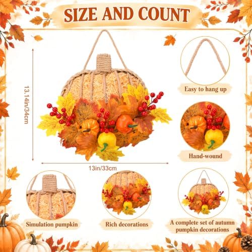 13 Inch Fall Pumpkin Wreath for Front Door, Artificial Pumpkin Maple Leaves, alternate view 2