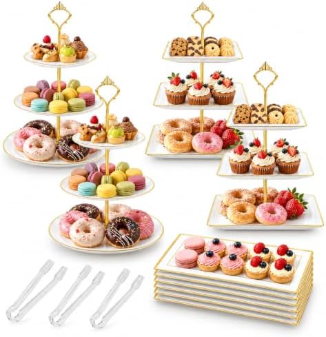 13 Pcs Dessert Display Set, 4 3-Tier Cupcake Stands, 6 Trays & 3 Tongs in white and gold