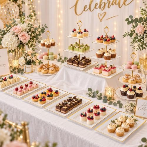 13 Pcs Dessert Display Set, 4 3-Tier Cupcake Stands, 6 Trays & 3 Tongs in white and gold, alternate view 2