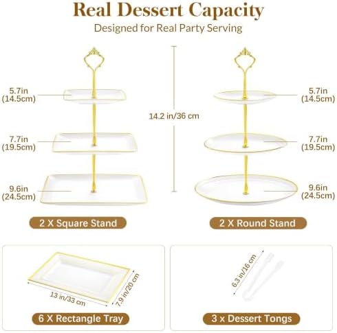 13 Pcs Dessert Display Set, 4 3-Tier Cupcake Stands, 6 Trays & 3 Tongs in white and gold, alternate view 3