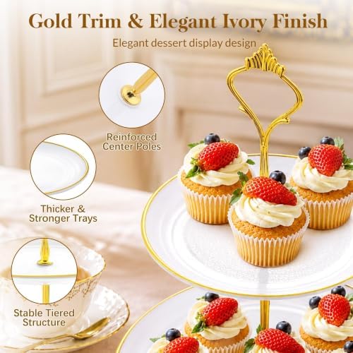 13 Pcs Dessert Display Set, 4 3-Tier Cupcake Stands, 6 Trays & 3 Tongs in white and gold, alternate view 4