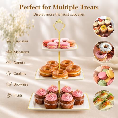 13 Pcs Dessert Display Set, 4 3-Tier Cupcake Stands, 6 Trays & 3 Tongs in white and gold, alternate view 5