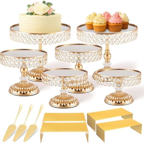 13 Piece Gold Cake Stand Set, Vintage Cake Dessert Display with Crystal Rim & Cupcake Trays for Wedding