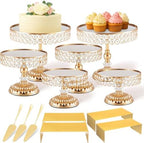 13 Piece Gold Cake Stand Set, Vintage Cake Dessert Display with Crystal Rim & Cupcake Trays for Wedding