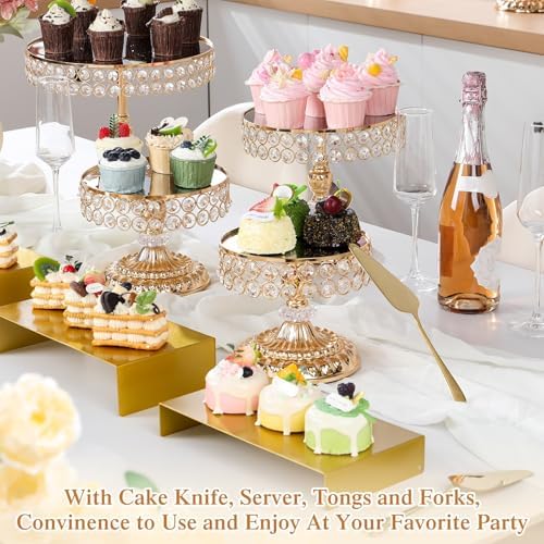 13 Piece Gold Cake Stand Set, Vintage Cake Dessert Display with Crystal Rim & Cupcake Trays for Wedding, alternate view 2