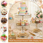 13 Piece Gold Cake Stand Set, Vintage Cake Dessert Display with Crystal Rim & Cupcake Trays for Wedding, alternate view 5