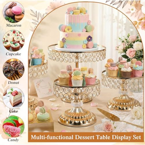 13 Piece Gold Cake Stand Set, Vintage Cake Dessert Display with Crystal Rim & Cupcake Trays for Wedding, alternate view 5
