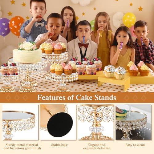 13 Piece Gold Cake Stand Set, Vintage Cake Dessert Display with Crystal Rim & Cupcake Trays for Wedding, alternate view 6
