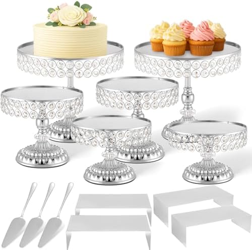 13 Piece Silver Cake Stand Set, Vintage Cake Dessert Display with Crystal Rim & Cupcake Trays for Wedding