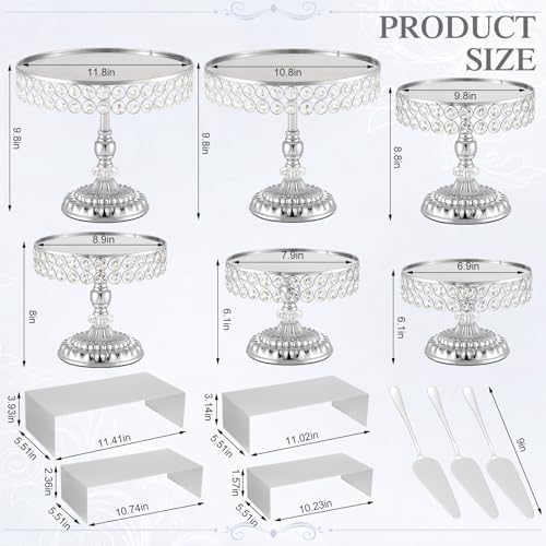13 Piece Silver Cake Stand Set, Vintage Cake Dessert Display with Crystal Rim & Cupcake Trays for Wedding, alternate view 2