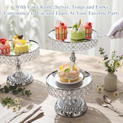 13 Piece Silver Cake Stand Set, Vintage Cake Dessert Display with Crystal Rim & Cupcake Trays for Wedding, alternate view 4