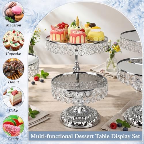 13 Piece Silver Cake Stand Set, Vintage Cake Dessert Display with Crystal Rim & Cupcake Trays for Wedding, alternate view 5