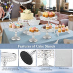 13 Piece Silver Cake Stand Set, Vintage Cake Dessert Display with Crystal Rim & Cupcake Trays for Wedding, alternate view 6
