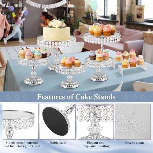 13 Piece Silver Cake Stand Set, Vintage Cake Dessert Display with Crystal Rim & Cupcake Trays for Wedding, alternate view 6