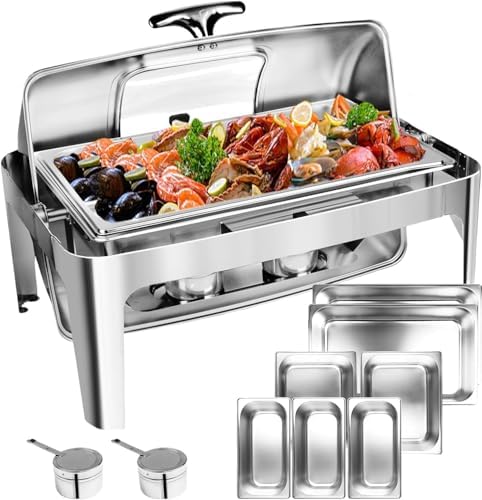 13 QT Roll Top Chafing Dish for Buffet, Chafing Dishes with Glass Window in Silver